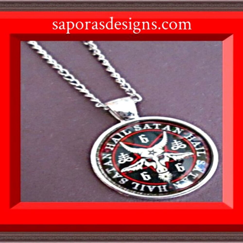 Silver Tone All Hail Satan 666 Goat Sign Design Necklace Unisex Biker Gothic